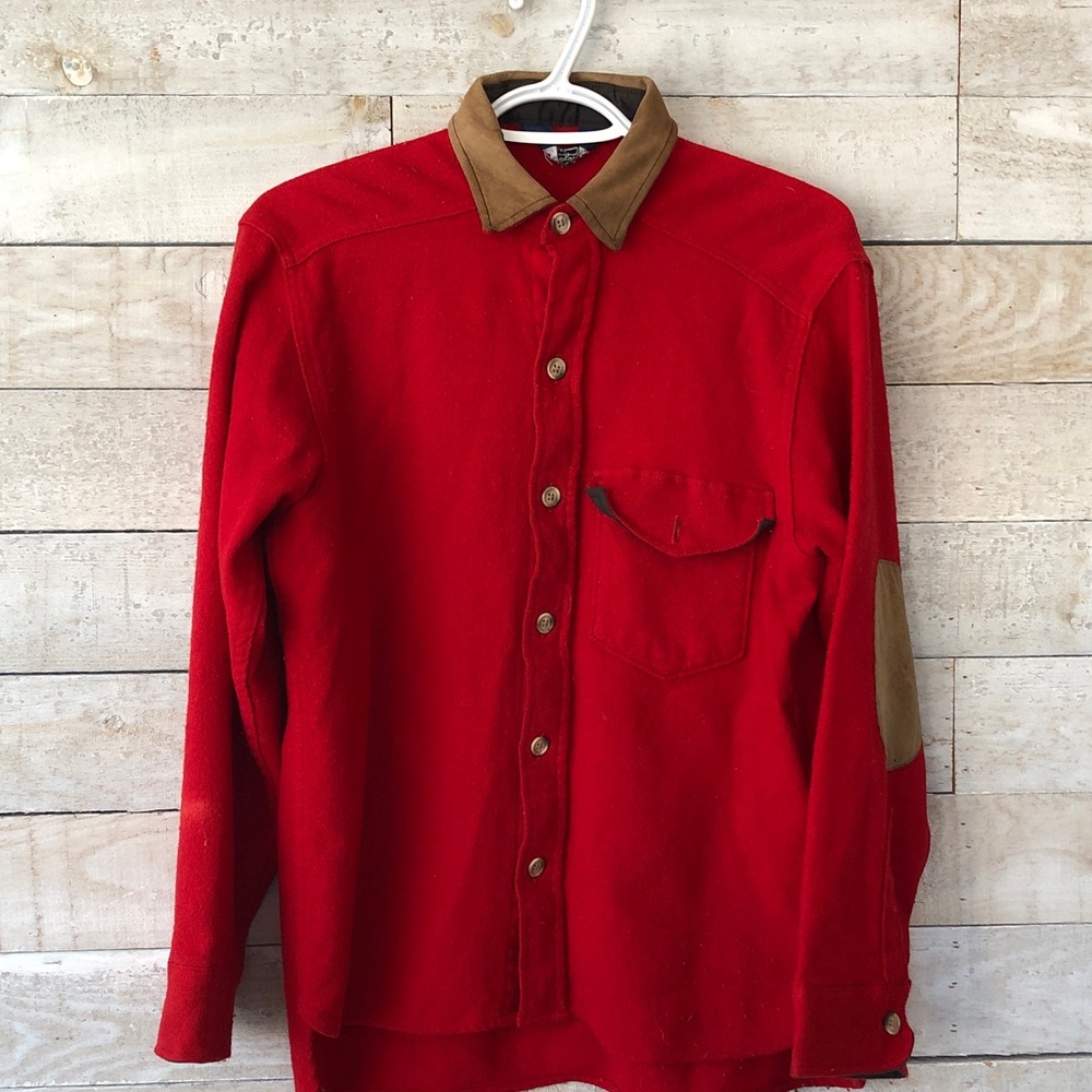 Woolrich Red Wool Button-Up Shirt with Tan Accents
